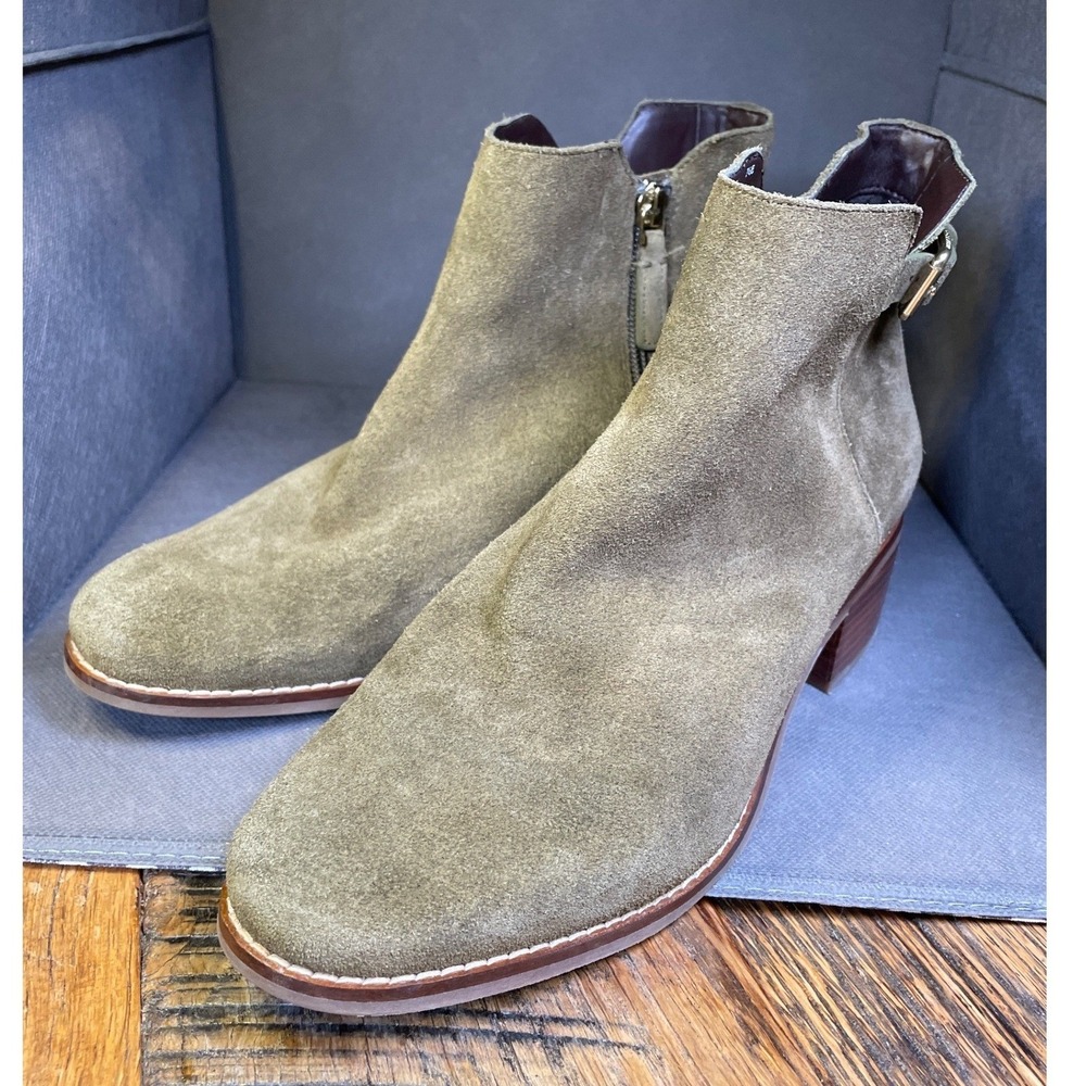Cole Haan Taupe Suede Ankle Boots Block Heel Side Zip Buckle Bootie Olive Sz 7.5